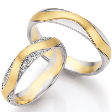 Luxuriöser Ehering aus Weißgold mit Gelbgoldband wahlweise mit großzügigem Steinbesatz
